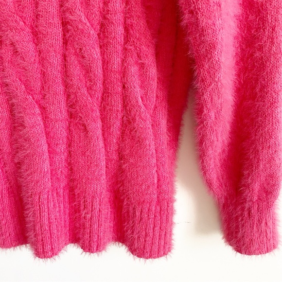 Lucky Brand Plush V-Neck Pullover Hot Pink Fuzzy Cable Knit Oversized Sweater L - Picture 6 of 10